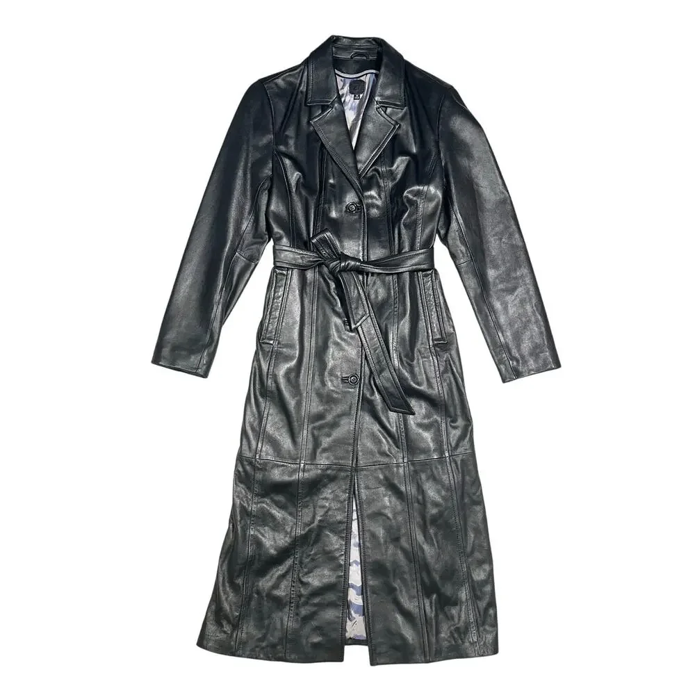 Wilsons Leather | Women | Black Chic Soft Genuine Leather Trench Coat | Medium - Picture 15 of 15